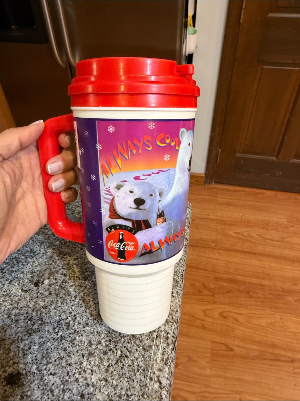 Coca Cola Red, White & Purple Polar Bear Travel Mug vintage
